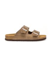 Skórzane klapki męskie w kolorze chłodnego beżu BUTYM-0495-1K(W26), widok produktu z boku na białym tle.