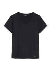 Czarny T-shirt damski w serek TSHDT-0118A-99(Z25), widok produktu z przodu na białym tle.