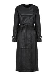 Czarny długi skórzany płaszcz damski KURDS-0464-5344(W24)
