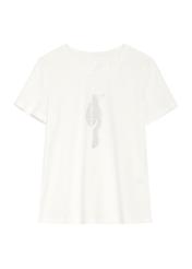 Kremowy T-shirt damski z logo TSHDT-0148-0B(Z26), widok produktu z przodu na białym tle.