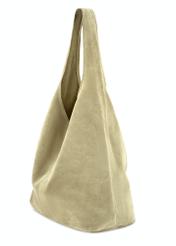 Szałwiowa zamszowa shopperka damska TORES-1177-8F(W26), widok produktu skosem na białym tle.