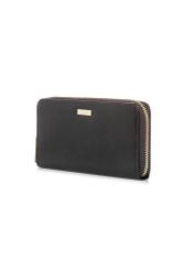 Skórzany ciemnobrązowy portfel damski PORES-0986-1I(W26), widok produktu skosem na białym tle.