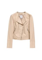 Skórzana beżowa ramoneska damska KURDS-0273-1B(KS) - widok produktu z przodu, na białym tle. 