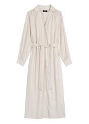 Jasnobeżowa sukienka damska midi SUKDT-0269-1A(W26) - widok produktu z przodu, na białym tle. 