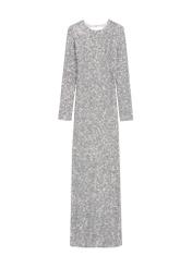 Długa srebrna sukienka damska z cekinami SUKDT-0249-92(Z25), widok produktu od przodu na białym tle.