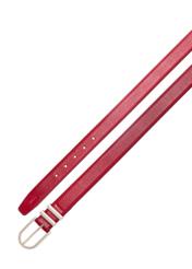 Bordowy skórzany pasek damski PASDS-0159D-49(Z25), widok produktu z góry na białym tle.