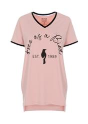 Różowy T-shirt z dekoltem V damski TSHDT-0065-31(W21)