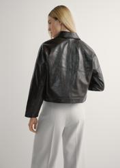 Brązowa skórzana krótka kurtka damska KURDS-0593-1I(W26) - widok produktu z tyłu, na modelce, na jasnym tle. Widoczna sylwetka do kolan. 