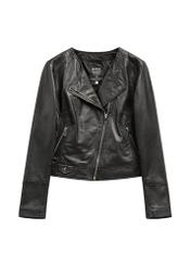 Czarna skórzana ramoneska damska KURDS-0273-99(KS) - widok produktu z przodu, na białym tle. 