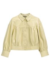 Skórzana jasnożółta kurtka damska KURDS-0574-2A(W26) - widok produktu z przodu, na białym tle. 