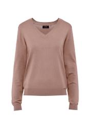 Sweter damski z dekoltem V-neck w kolorze camelu SWEDT-0201-83(W25), widok produktu z przodu na białym tle.