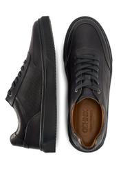 Skórzane sneakersy męskie w kolorze granatowym BUTYM-0484-7E(W26) - widok produktu z góry, na białym tle. 