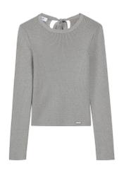 Srebrna prążkowana bluzka damska LSLDT-0050-91(Z25), widok produktu od przodu na białym tle.