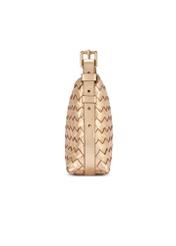 Złota skórzana pleciona torebka damska TORES-1292-2X(W26) - widok produktu z boku, na białym tle.