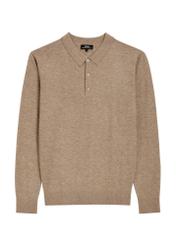 Camelowy wełniany sweter męski SWEMT-0197-1D(Z26)- widok produktu z przodu, na białym tle. 