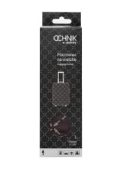 Brązowy pokrowiec na dużą walizkę AW-013-0006-1P-L(W26), widok produktu z przodu w opakowaniu.