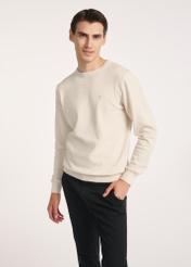 Beżowy bawełniany sweter męski SWEMT-0114A-1A(Z26), widok produktu z przodu na modelu. Widoczna połowa sylwetki.