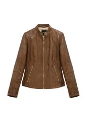 Skórzana kurtka damska brązowa KURDS-0602-1F(W26), widok produktu z przodu na białym tle.