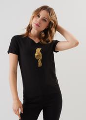 Czarny T-shirt damski z aplikacją wilgi TSHDT-0116-99(Z23)