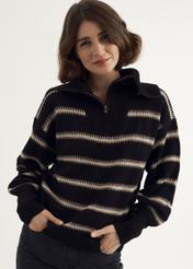 Czarny sweter w paski z suwakiem damski SWEDT-0187-99(Z23)