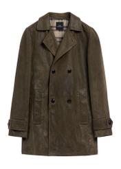 Skórzany płaszcz męski w kolorze khaki KURMS-0409A-8D(Z26), widok produktu z przodu na białym tle.