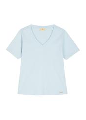 Jasnoniebieski T-shirt damski basic TSHDT-0120-7A(W26), widok produktu z przodu na białym tle.