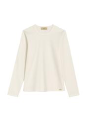 Kremowy bawełniany longsleeve damski LSLDT-0052-0B(Z26) - widok produktu z przodu, na białym tle. 