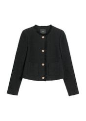 Czarna krótka marynarka damska ZAKDT-0041-99(W26), widok produktu z przodu na białym tle.