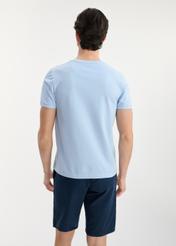 Błękitny T-shirt męski z bawełny TSHMT-0100-60(W25), widok produktu tyłem na modelu. Widoczna połowa sylwetki.