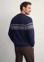 Granatowy sweter męski SWEMT-0177-68(Z25), widok produktu z tyłu na modelu. Widoczna połowa sylwetki.
