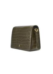 Skórzana torebka damska croco w kolorze khaki TORES-1324-8D(Z26) - widok produktu po skosie, na białym tle. 