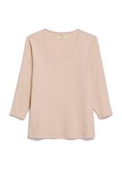 Beżowa bluzka damska z dekoltem V-neck LSLDT-0036-1A(W26)  - widok produktu z przodu, na białym tle.