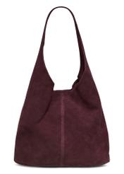 Bordowa zamszowa torebka shopper TORES-1403-4D(Z26) - widok produktu z tyłu, na białym tle. 