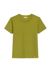 Oliwkowy bawełniany T-shirt damski TSHDT-0144-8E(Z26) - widok produktu z przodu, na białym tle. 
