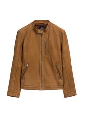 Ciemnobeżowa kurtka zamszowa męska KURMS-0398-1C(W26), widok produktu z przodu na białym tle.