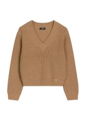 Camelowy sweter damski SWEDT-0162-1D(Z26), zdjęcie produktu z przodu na jasnym tle.