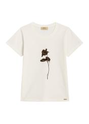Kremowy t-shirt damski z nadrukiem TSHDT-0166-0B(Z26) - widok produktu z przodu, na białym tle. 