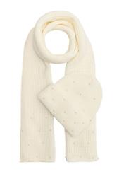 Kremowy zestaw czapka i szalik ZESDT-0011-11(Z25) - widok produktu z przodu na białym tle. 