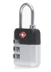 Srebrna szyfrowa kłódka TSA AW-015-0004-92(W25), widok produktu skosem na białym tle.