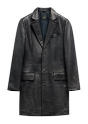 Czarny skórzany płaszcz męski KURMS-0388-99(W26), widok produktu z przodu na białym tle.