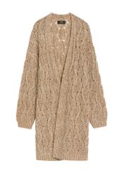 Długi kardigan damski w kolorze camelowym KARDT-0055-24(Z25), widok produktu od przodu na białym tle.