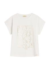 Kremowy T-shirt damski ze złotym nadrukiem TSHDT-0162-0B(W26), widok produktu z przodu na białym tle.