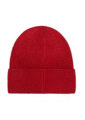 Czerwona czapka damska z wełną merino CZADT-0178A-4B(Z26), widok produktu od tyłu na białym tle.