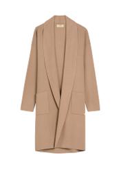 Camelowy kardigan damski KARDT-0041-1D(W26), widok produktu od przodu na białym tle.