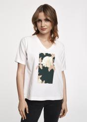 Kremowy T-shirt damski z printem TSHDT-0115-12(Z23)-02