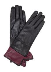 Czarno-bordowe skórzane rękawiczki damskie REKDS-0094-99(Z25) - widok produktu z góry na białym tle. 