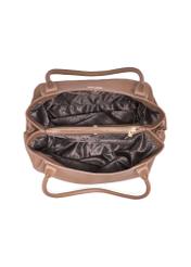 Skórzana torebka shopper w kolorze ciemnego beżu TORES-1360-1K(Z26) - widok produktu z góry, na białym tle. 