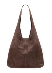 Brązowa zamszowa shopperka damska TORES-1177-89(Z25), widok produktu przodem na białym tle.