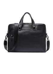 Czarna skórzana torba na laptopa TORMS-0496-99(W26) - widok produktu z przodu, na białym tle. 