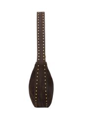 Brązowa zamszowa torebka damska hobo TORES-1384-1I(Z26) - widok produktu z boku, na białym tle.